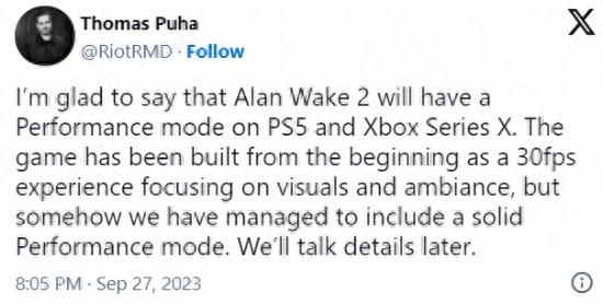 今天最新消息：《心灵杀手2》主机平台游戏依然拥有支持60fps性能模式：低分辨率影响其实并不大！